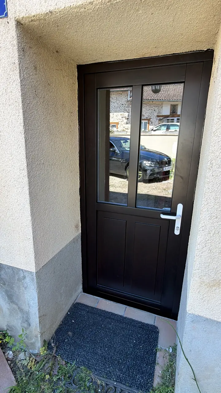 Porte d'entrée en bois moderne avec vitrage et poignée blanche.